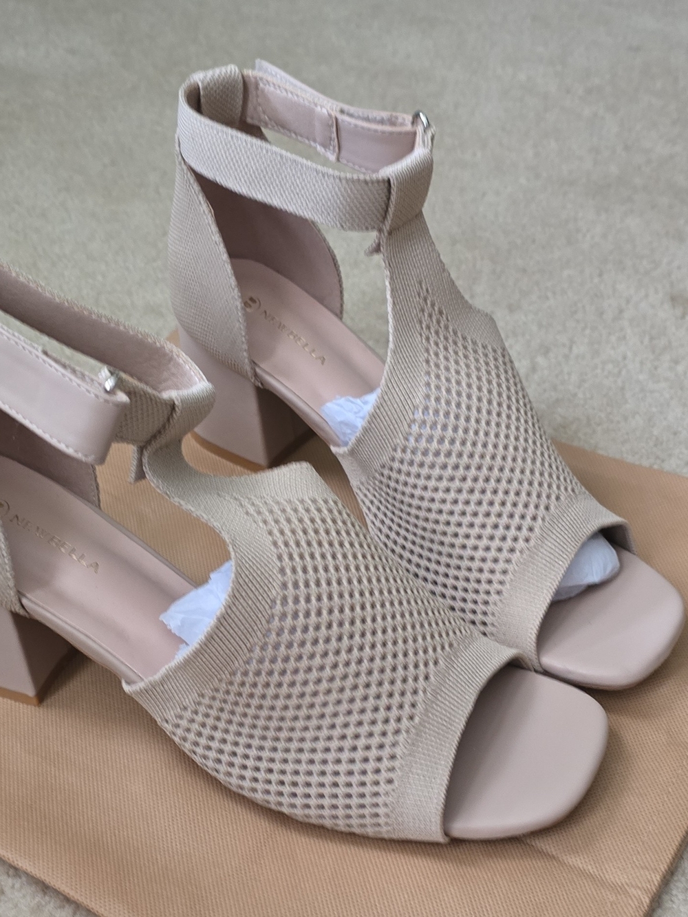 Beige Knit Open-Toe Block Heel Sandals with Ankle Strap